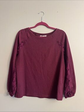 Absolutely Famous Wine Long Sleeve Textured Blouse with Lace Sleeve Insets